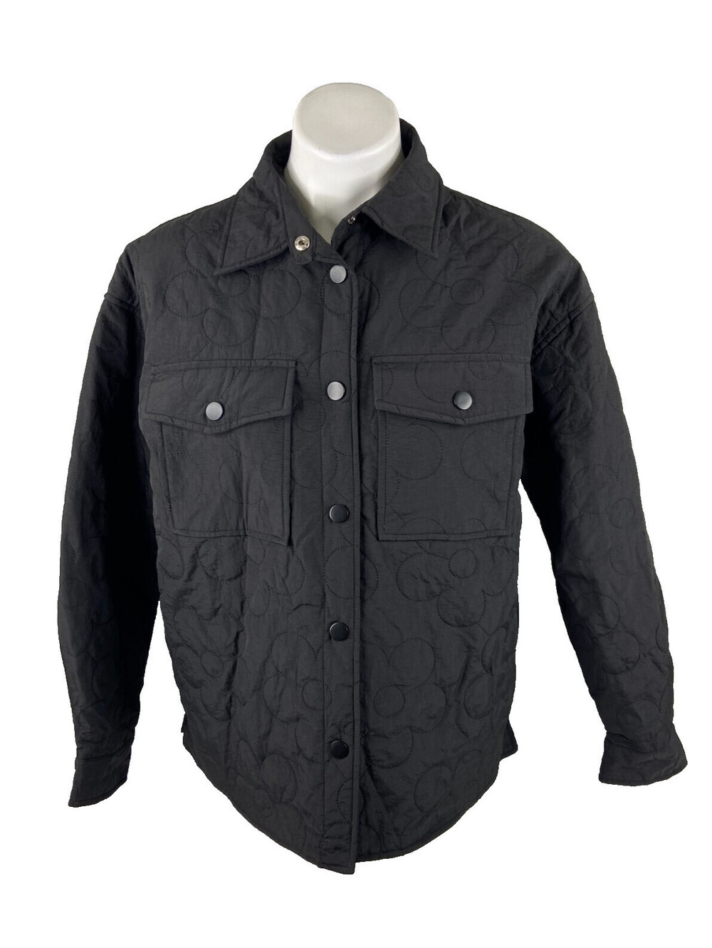 Entro Women Small Black Jacket Metal Snap Flower Quilting Lightweight